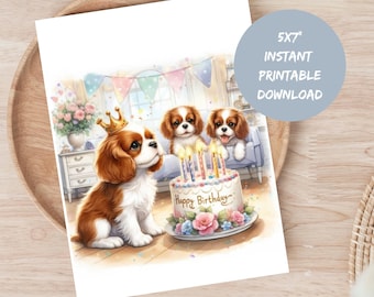 Cavalier King Charles Spaniel Cartão de Feliz Aniversário para Menina, Cartão de Filhote de Cachorro para Imprimir, Cartão de Aniversário, Cartões para Amantes de Cães, Cartão de Saudação para Cães Fofos