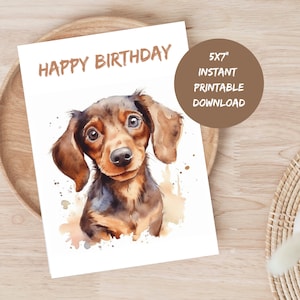 Dackel druckbare Geburtstagskarte für Hundeliebhaber Aquarell alles Gute zum Geburtstagkarte Niedliche Doxie-Karte für Geburtstagsnachricht für Hundemutter Karte Hundepapa