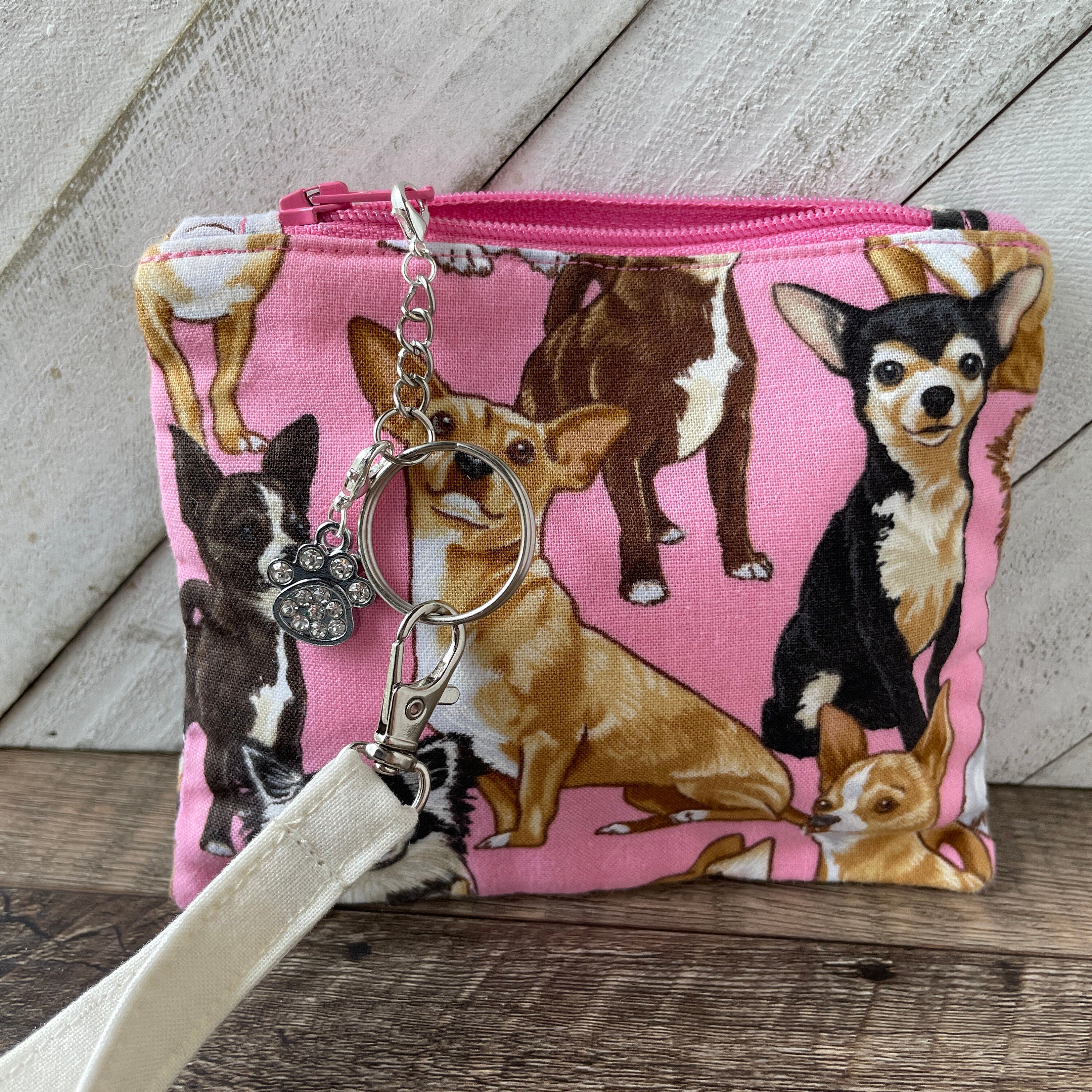 Chihuahua Zipper Coin Bag, Dog Theme Wristlet Pouch, Gift for Dog Mom, Fabric Change Purse, Mini Credit Card Wallet for Her, Keychain Wallet