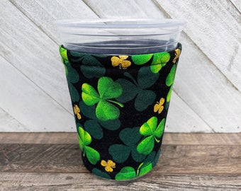 St Patrick’s Day Cozy, St Paddy’s Cup Sleeve, Iced Coffee Coozie, Drink Insuator, Beverage Cuff, Clover Theme Fabric, Venti Cup Sleeve