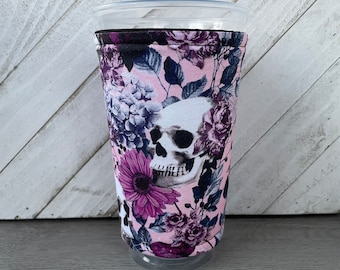 Halloween Cup Sleeve, Skull Cozy, Iced Coffee Kozy, Pink Cozy, Gift for Iced Coffee Lover, Fall Gift, Cold Drink Sleeve, Spider Web Cozy