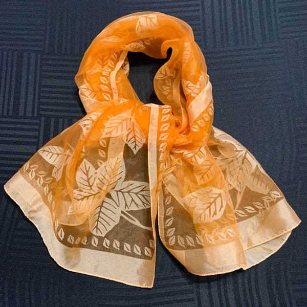 Transparent Orange Rayon Nylon Vintage Oblong Scarf Leaf Print 46”X17.5”