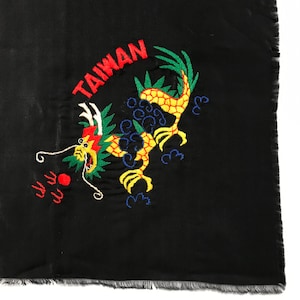 27” Square Scarf Vintage Taiwan Souvenir Embroidered Dragon
