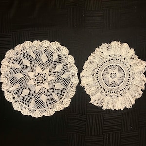 2 White Vintage Hand Crocheted Doilies Cotton Doilies 16” & 19” Round