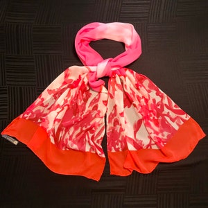 Large 100% Silk Sheer Oblong Scarf Iris Flowers Red Pink