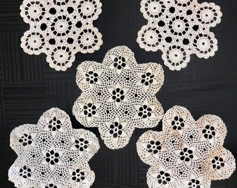 5 Vintage Hand Crocheted Cotton Doilies 9”-10” Round White Lot