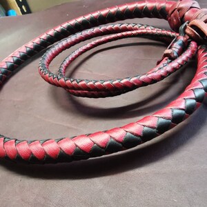 May include: A braided leather whip with a red and black pattern. The whip is coiled and ready for use.