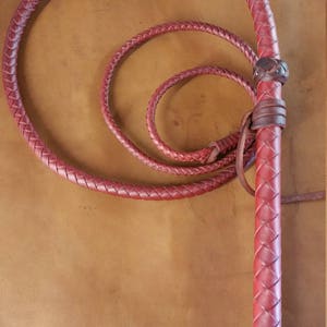 May include: A red leather bullwhip with a braided handle and a long, braided lash. The whip is coiled in a circle.