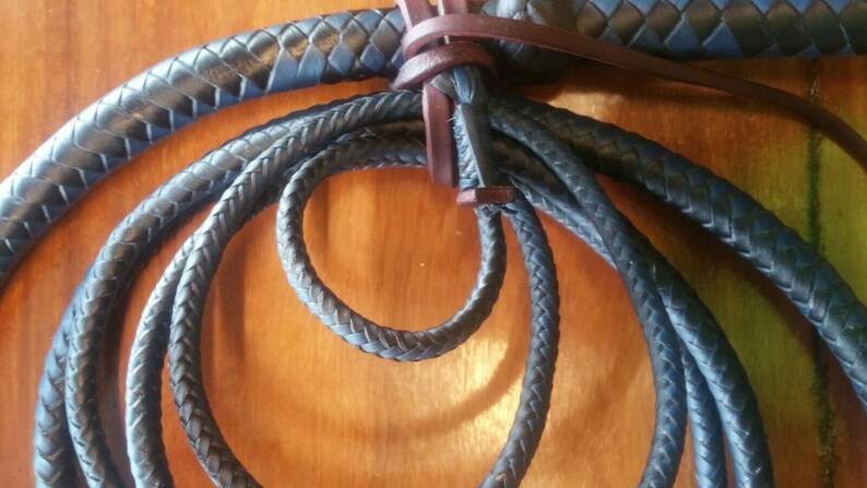 Puede incluir: Primer plano de un l&aacute;tigo de cuero negro con un dise&ntilde;o trenzado. El l&aacute;tigo es oscuro con un mango marr&oacute;n y un lazo en el extremo. El fondo es una superficie de madera.