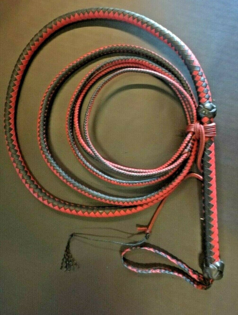 Puede incluir: Un l&aacute;tigo negro y rojo con un dise&ntilde;o trenzado. El l&aacute;tigo est&aacute; enrollado, con un mango y una borla en el extremo. El l&aacute;tigo est&aacute; hecho de cuero y tiene un patr&oacute;n decorativo. Los colores son negro y rojo.
