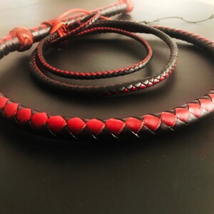 May include: A black and red braided leather whip with a handle. The whip is coiled in a circle.