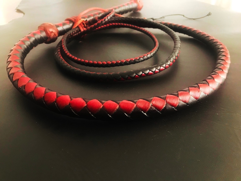 May include: A black and red braided leather whip with a handle. The whip is coiled in a circle.