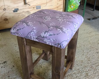 Pine stool with upholstered seat. Handmade pine stool.