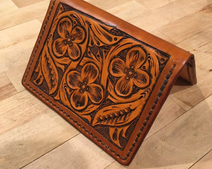 Handmade Wallet for Passport/Billfold/Hand-tooled/Hand-carved/Hand-sewn/Hand-stitched/Hand-made/Sheridan-style/Geometric/Floral/Western/Boho