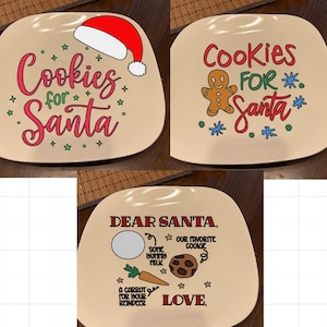 May include: Three white ceramic plates with Christmas-themed designs. The first plate has a red Santa hat and the text "Cookies for Santa". The second plate has a gingerbread man and the text "Cookies for Santa". The third plate has the text "Dear Santa" and a list of items including a cookie, milk, and a carrot.