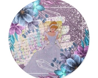 Princess Cinderella Illustration Round Vinyl Sticker | Floral Sparkle