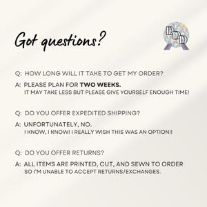 May include: Image with the text "Got questions?" followed by a list of frequently asked questions and answers. The questions cover order processing time, expedited shipping, and returns. A logo is in the upper right corner.