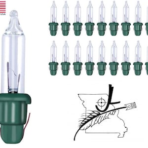 May include: A pack of 25 clear Christmas lights with green bases. The lights are small and have a traditional shape.