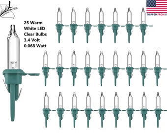 25 LED Clear Mini Christmas Tree Lights Green Base Replacement Bulbs 3.4 V Volt 0.068 W Watt, LED 1 L1 Warm White