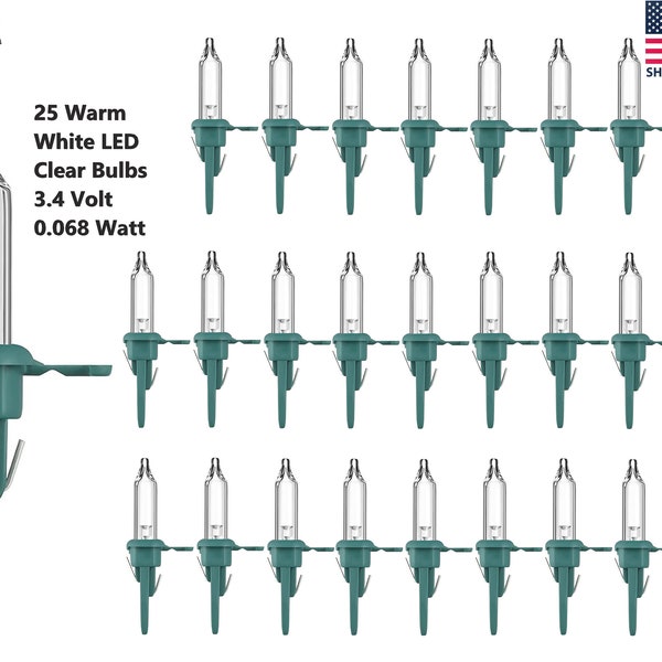 25 LED Klare Mini Weihnachtsbaumbeleuchtung Grün Sockel Ersatzbirnen 3,4 V Volt 0,068 W Watt, LED 1 L1 Warmweiß