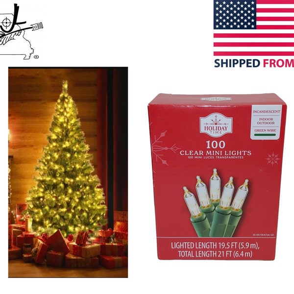 100 Clear Incandescent Mini Bulbs With Green Wire Christmas Tree Indoor or Outdoor String Lights 21'