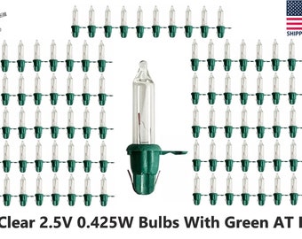 100x 2.5v Clear White Mini Christmas Tree Light Bulbs With Green Base Style AT Incandescent 2.5 Volt 0.425 Watt