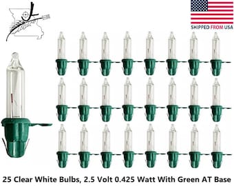 25x 2.5v Clear White Mini Christmas Tree Light Bulbs With Green Base Style AT Lock Tab 0.425 W Watt 2.5 V Volt 0.17 A Amp Incandescent