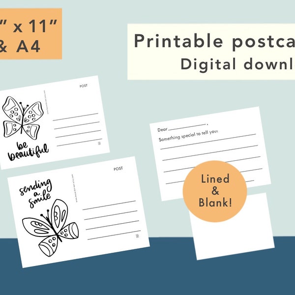 Printable Postcards - DIGITAL DOWNLOAD 2 designs, Lined & Blank, Kid Postcard, Fill-in cards, kid postcards, printables, 8.5x11 and A4