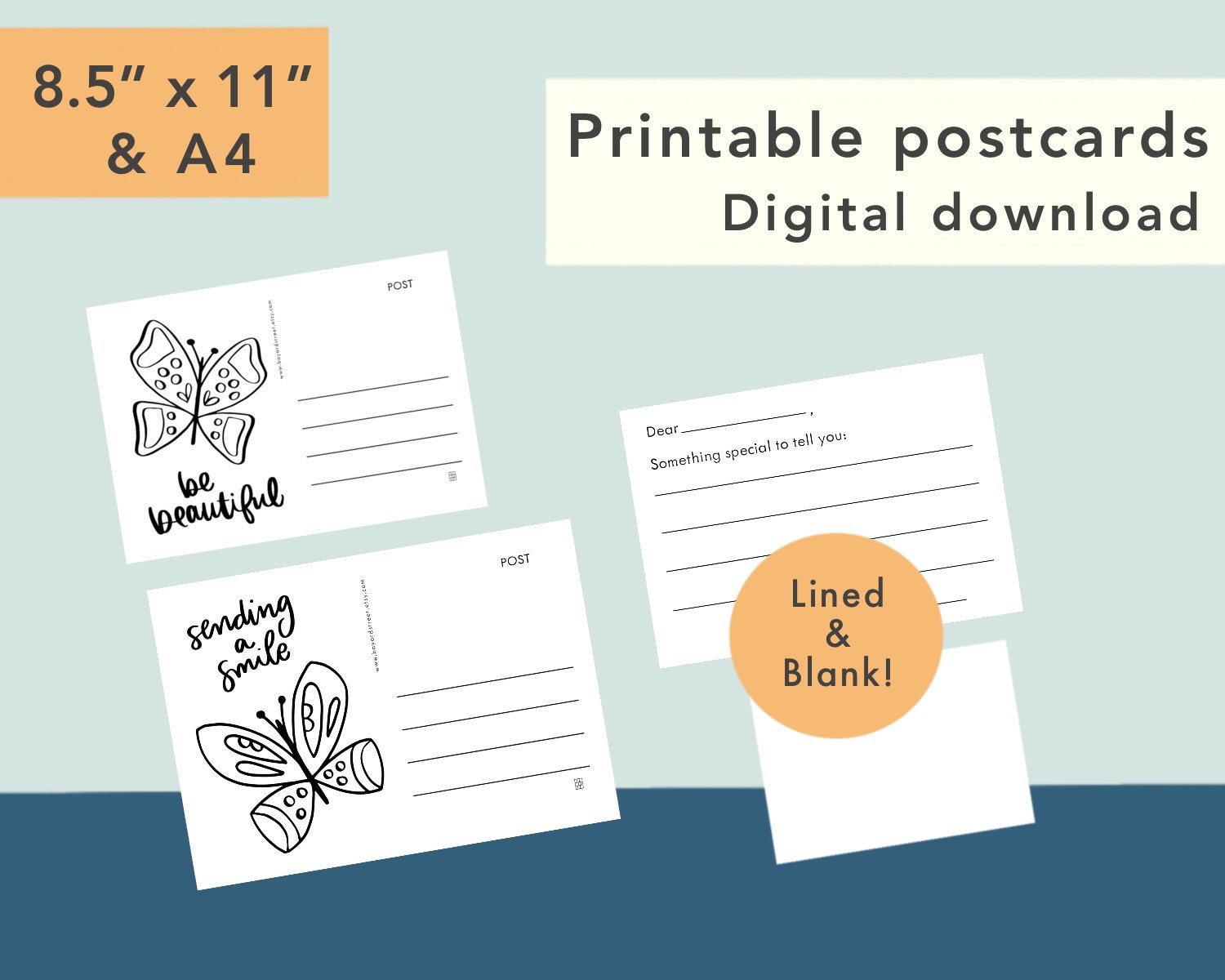 Printable Postcards DIGITAL DOWNLOAD 2 designs Lined & Etsy España