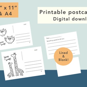 Cartões postais para impressão - DOWNLOAD DIGITAL 2 designs, forrados e em branco, cartões postais para crianças, cartões de preenchimento, cartões postais infantis, para colorir, 8,5x11 e A4