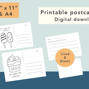 Printable Postcards - DIGITAL DOWNLOAD 2 designs, Lined & Blank, postcards for kids, Fill-in cards, kid postcards, coloring, 8.5x11 and A4