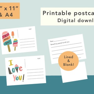 Cartões postais para impressão - DOWNLOAD DIGITAL 2 designs, forrados e em branco, cartões postais para crianças, cartões de preenchimento, cartões postais infantis, papel de carta, 8,5x11 e A4