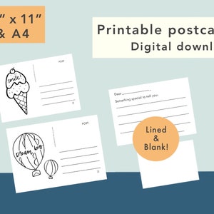 Printable Postcards - DIGITAL DOWNLOAD 2 designs, Lined & Blank, postcards for kids, Fill-in cards, kid postcards, coloring, 8.5x11 and A4