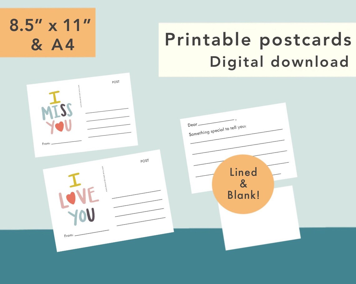 Printable Postcards - DIGITAL DOWNLOAD 2 Designs, Lined & Blank ...