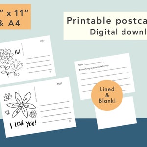 Printable Postcards - DIGITAL DOWNLOAD 2 designs, Lined & Blank, postcards for kids, Fill-in cards, kid postcards, coloring, 8.5x11 and A4