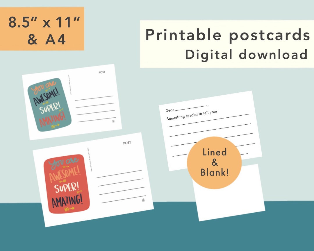 Printable Postcards - DIGITAL DOWNLOAD 2 Designs, Lined & Blank ...