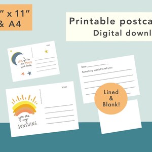 Printable Postcards - DIGITAL DOWNLOAD 2 designs, Lined & Blank, postcards for kids, Fill-in cards, kid postcards, stationary, 8.5x11 and A4