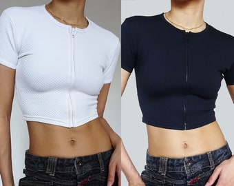 90's // Crop tops noir et blanc à zip La petite française vintage