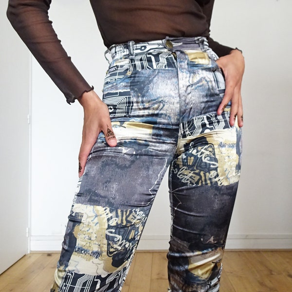 90's // Pantalon satiné Tark'1 imprimé cyber vintage