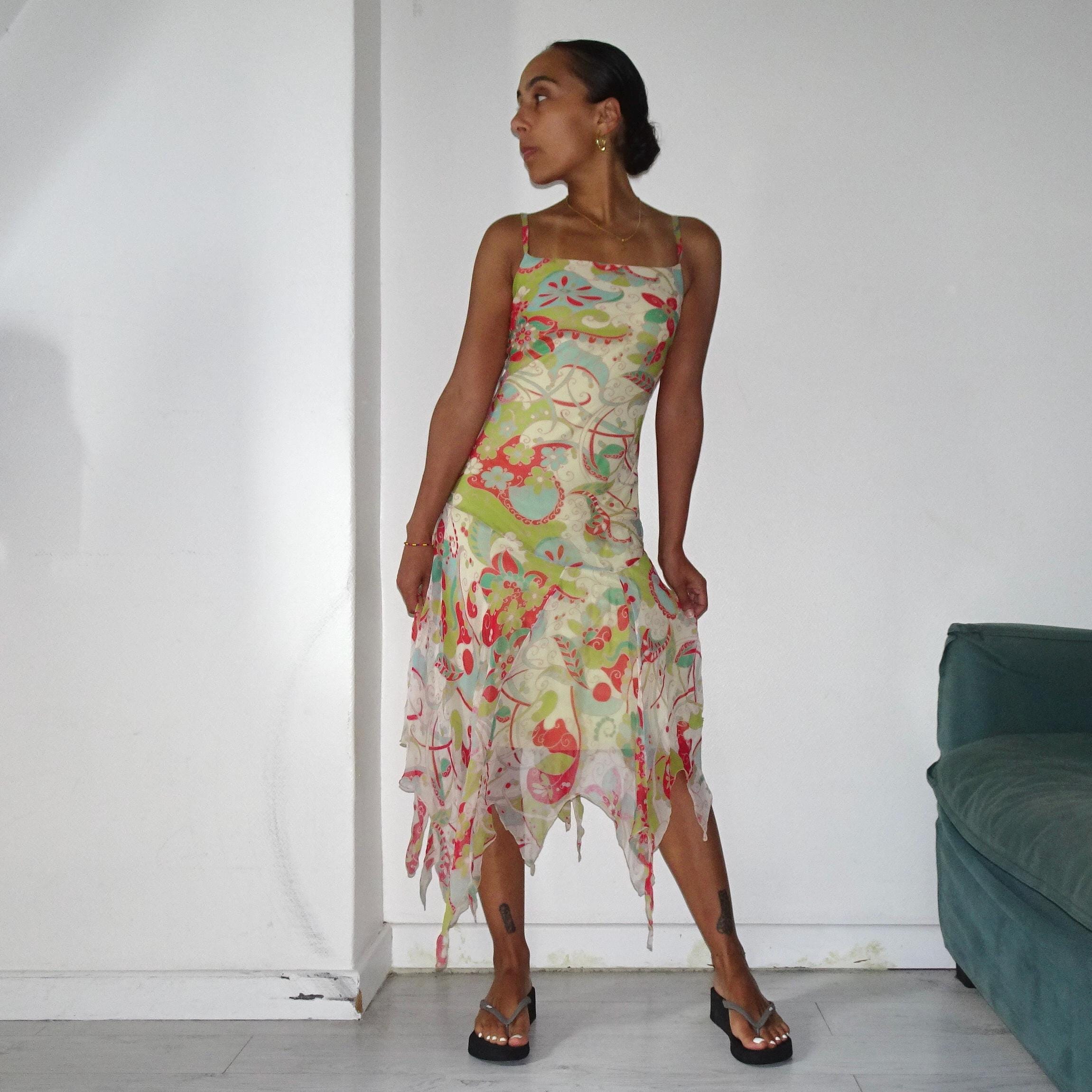 2000s // Vintage colorful maxi dress with thin straps and ruffles // Y2K