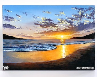 Sunset beach original acrylic painting on canvas A4 Sunset landscape painting beach wall art Sunrise by Murray Stewart (M Stewart Paintings)