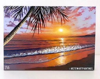 Tropical beach sunset original acrylic painting on canvas, Ocean Sunset A4 size "Rewind" by Murray Stewart (M Stewart Paintings)