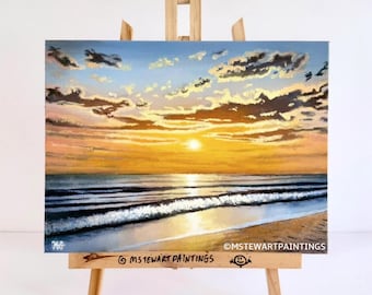 Sunset Beach Oil Painting: Original Seascape Art, 9x12"