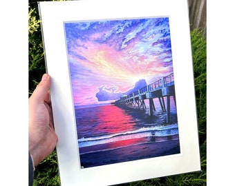 Ocean Pier art print, Beach pier giclee print, Sunset pier wall art, Home Decor, A4 size, 11 x 14 inch Mount,  Roam by Artist Murray Stewart