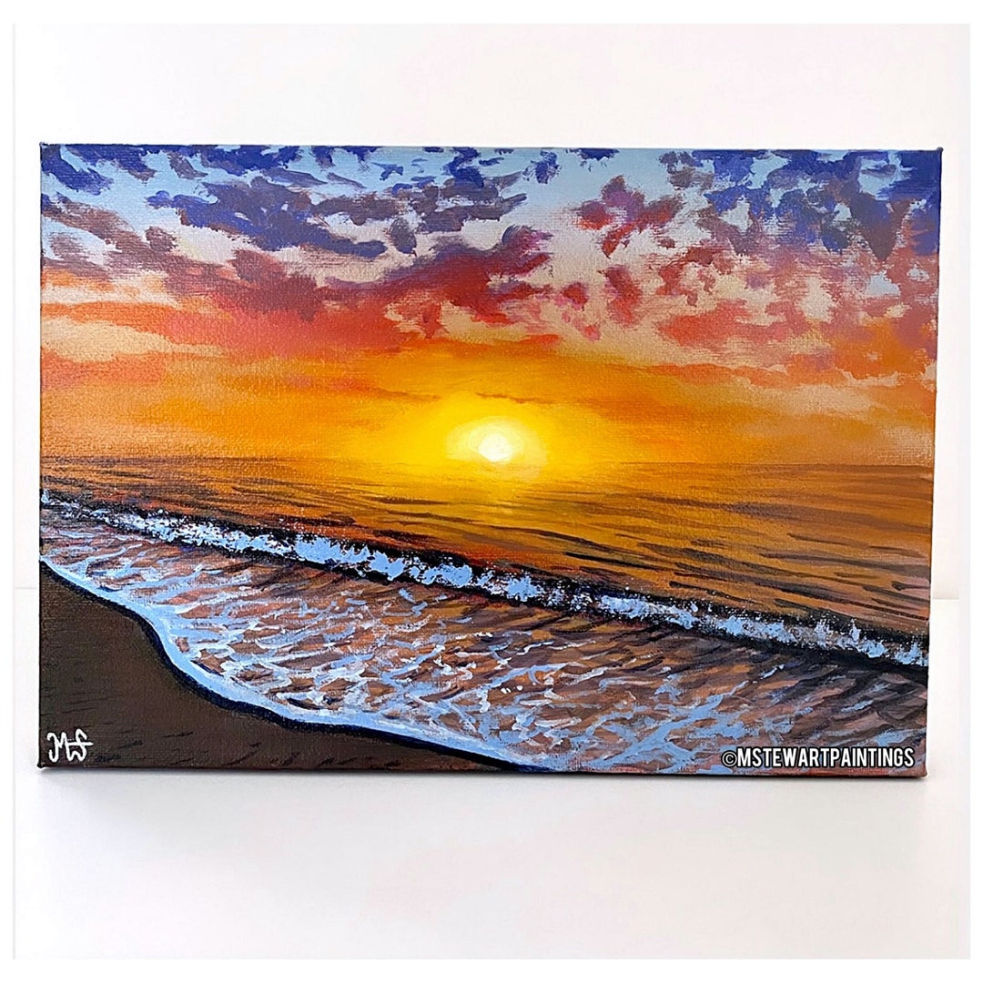 Original Sunset Beach Acrylic Painting on Canvas: A4 Landscape Art