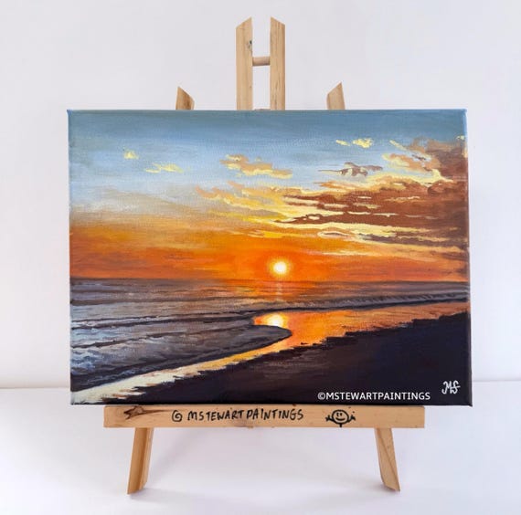 Sunset Beach Acrylic Painting: Original Seascape Wall Art, 9x12
