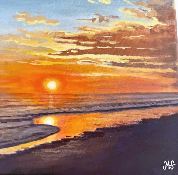 Sunset Beach Acrylic Painting: Original Seascape Wall Art, 9x12