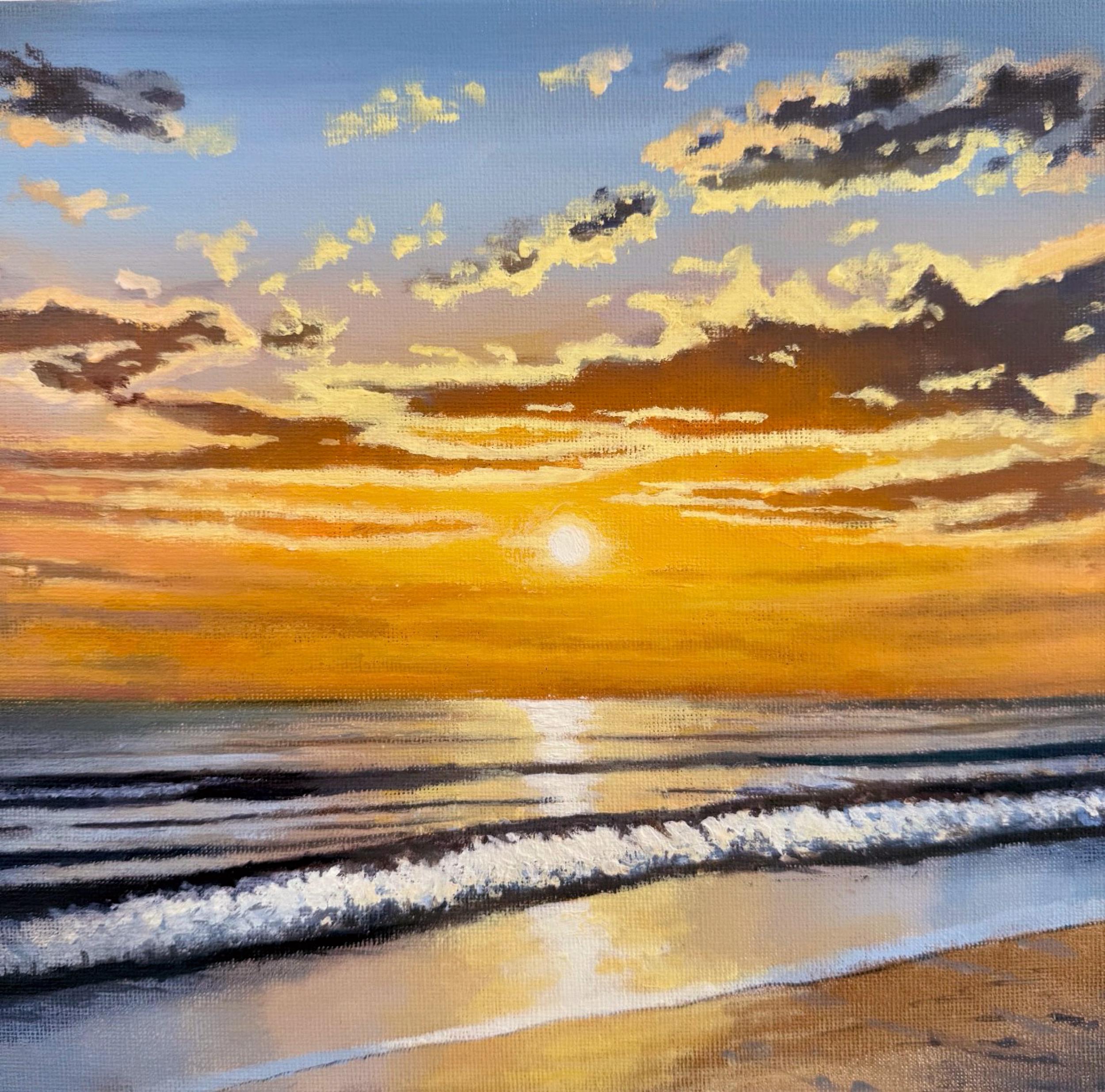 サンセットビーチの油絵：オリジナルの海景アート、9x12インチ - Etsy 日本