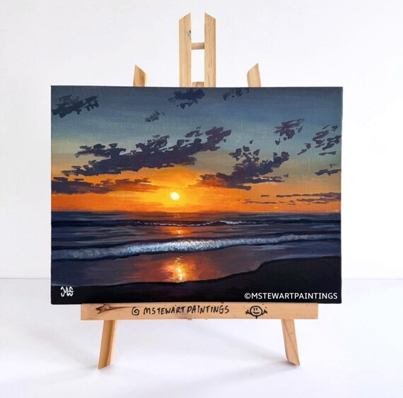 Sunset Beach Acrylic Painting: Original Seascape Wall Art, 9x12