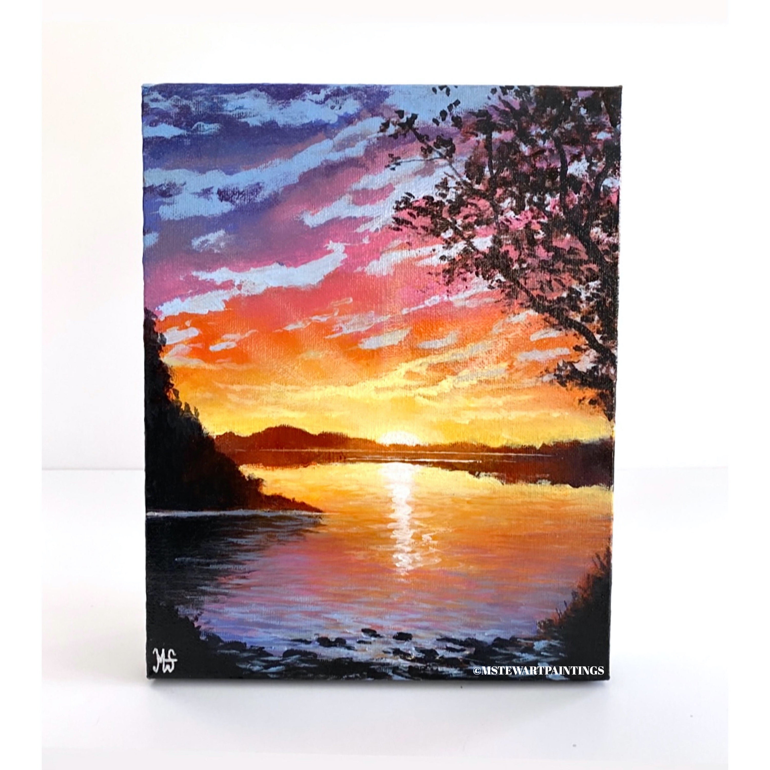 Easy steps to paint a sunset sky and a tree in acrylic paints